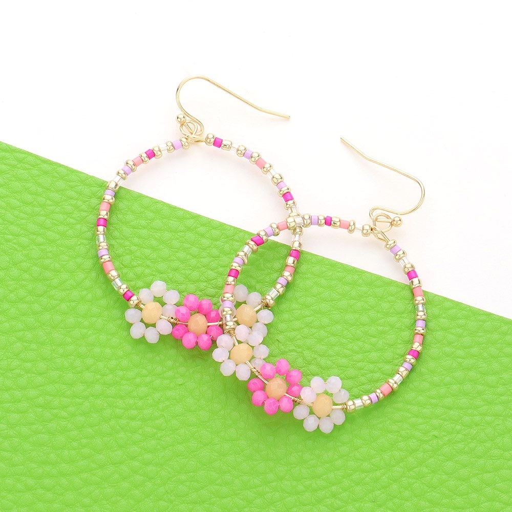Pink Faceted Beaded Triple Flower Accented Open Circle Dangle Earrings